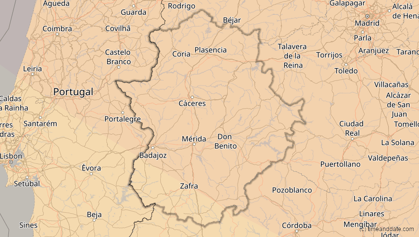 A map of Extremadura, Spanien, showing the path of the 13. Sep 2080 Partielle Sonnenfinsternis