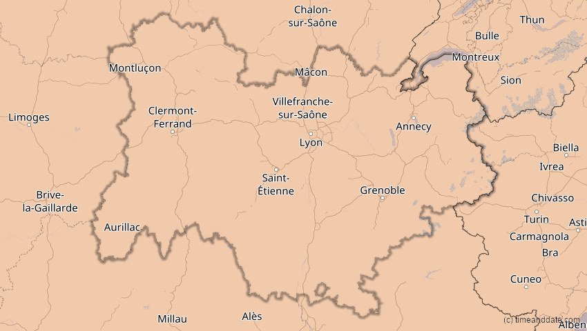 A map of Auvergne-Rhône-Alpes, Frankreich, showing the path of the 13. Sep 2080 Partielle Sonnenfinsternis
