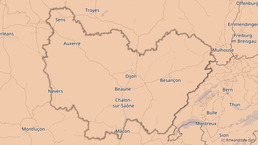 A map of Bourgogne-Franche-Comté, Frankreich, showing the path of the 13. Sep 2080 Partielle Sonnenfinsternis