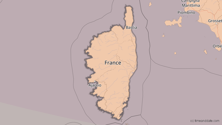 A map of Korsika, Frankreich, showing the path of the 13. Sep 2080 Partielle Sonnenfinsternis