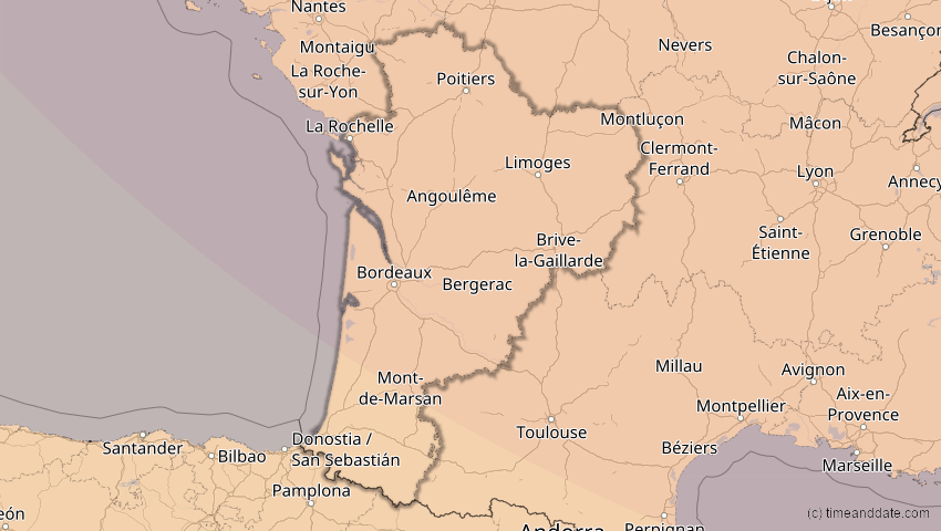 A map of Nouvelle-Aquitaine, Frankreich, showing the path of the 13. Sep 2080 Partielle Sonnenfinsternis