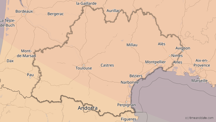 A map of Okzitanien, Frankreich, showing the path of the 13. Sep 2080 Partielle Sonnenfinsternis