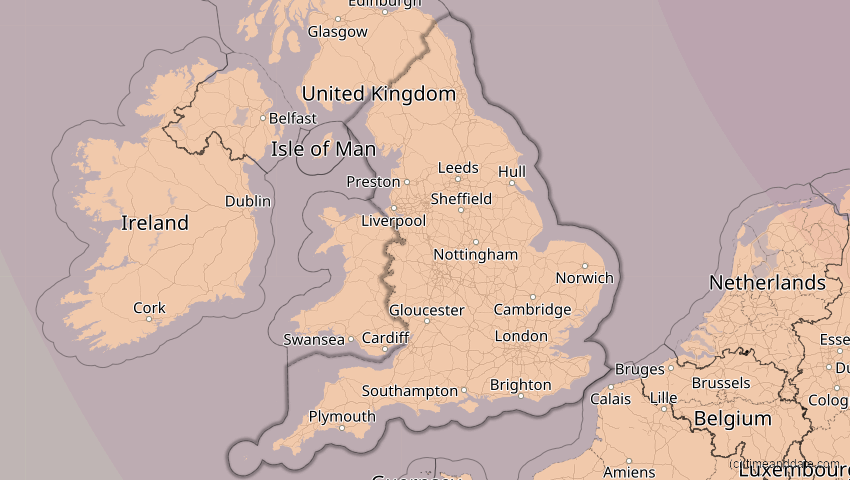 A map of England, Großbritannien, showing the path of the 13. Sep 2080 Partielle Sonnenfinsternis