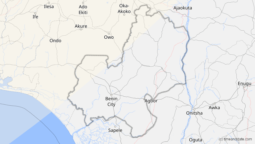 A map of Edo, Nigeria, showing the path of the 13. Sep 2080 Partielle Sonnenfinsternis
