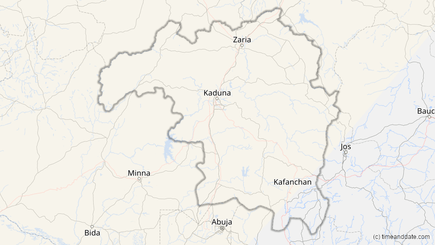 A map of Kaduna, Nigeria, showing the path of the 13. Sep 2080 Partielle Sonnenfinsternis