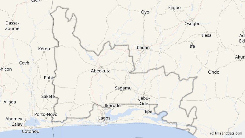 A map of Ogun, Nigeria, showing the path of the 13. Sep 2080 Partielle Sonnenfinsternis