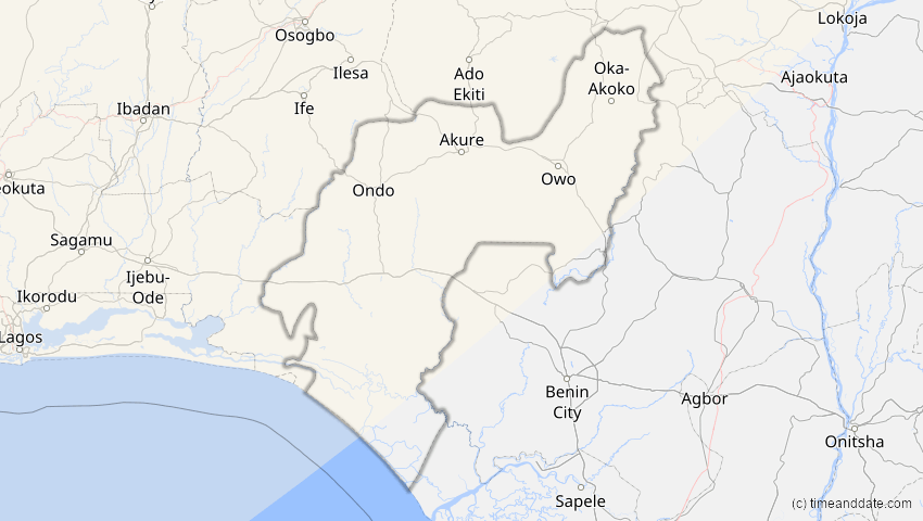 A map of Ondo, Nigeria, showing the path of the 13. Sep 2080 Partielle Sonnenfinsternis