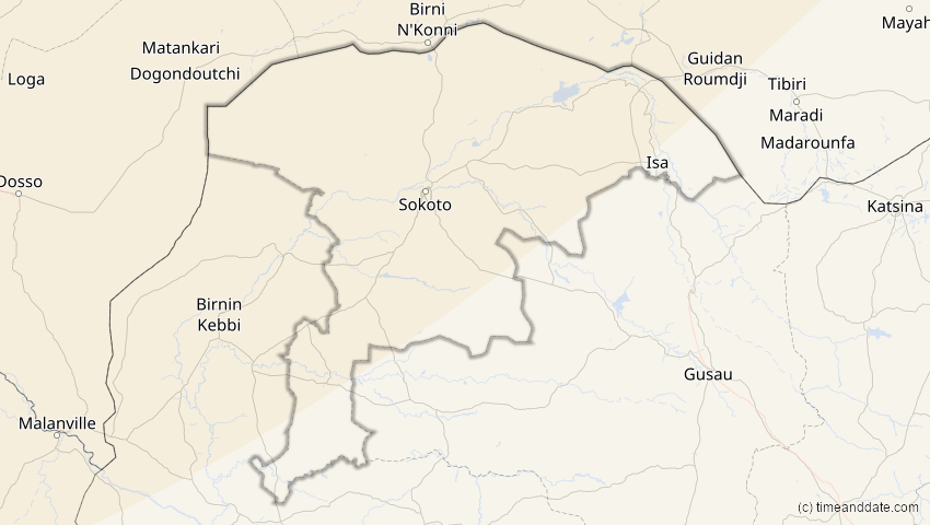 A map of Sokoto, Nigeria, showing the path of the 13. Sep 2080 Partielle Sonnenfinsternis