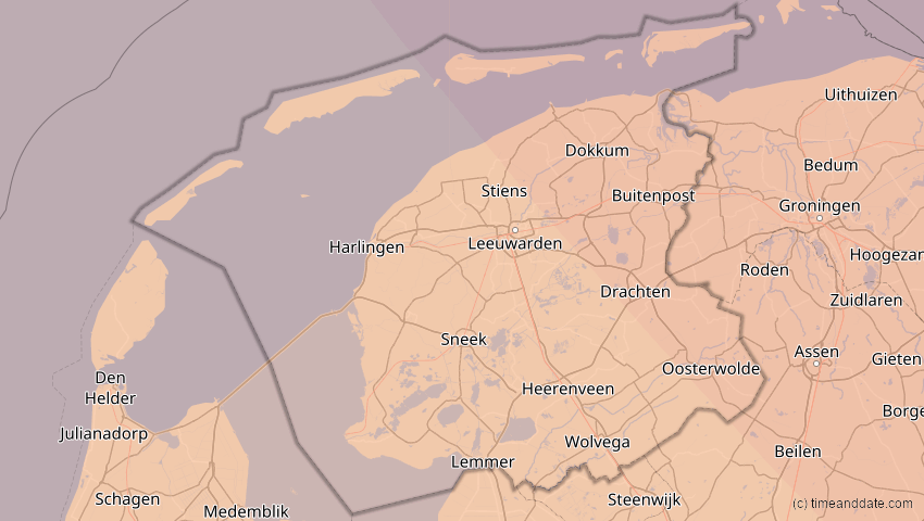 A map of Friesland, Niederlande, showing the path of the 13. Sep 2080 Partielle Sonnenfinsternis