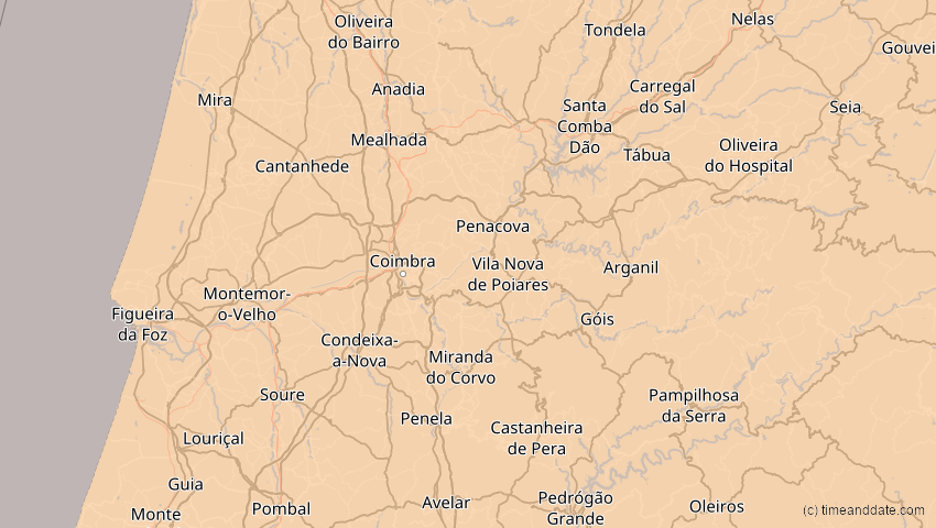 A map of Coimbra, Portugal, showing the path of the 13. Sep 2080 Partielle Sonnenfinsternis
