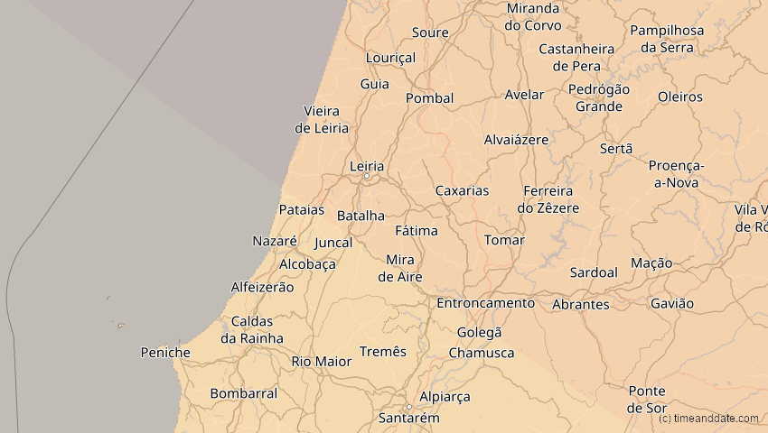 A map of Leiria, Portugal, showing the path of the 13. Sep 2080 Partielle Sonnenfinsternis