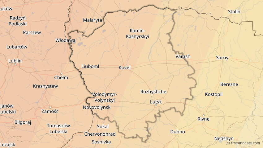 A map of Wolhynien, Ukraine, showing the path of the 13. Sep 2080 Partielle Sonnenfinsternis