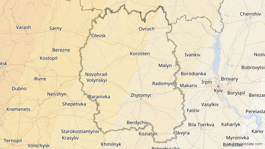 A map of Schytomyr, Ukraine, showing the path of the 13. Sep 2080 Partielle Sonnenfinsternis