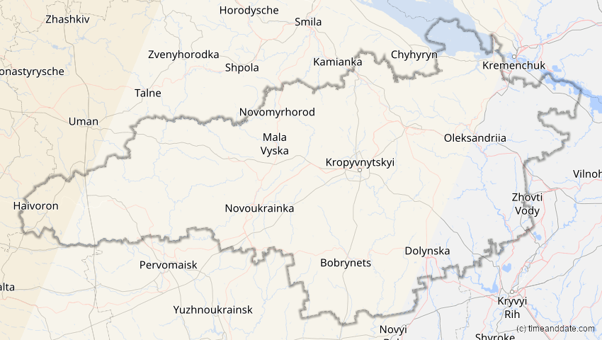 A map of Kirowohrad, Ukraine, showing the path of the 13. Sep 2080 Partielle Sonnenfinsternis