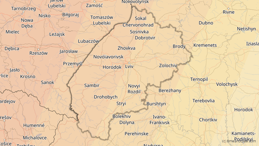 A map of Lwiw, Ukraine, showing the path of the 13. Sep 2080 Partielle Sonnenfinsternis