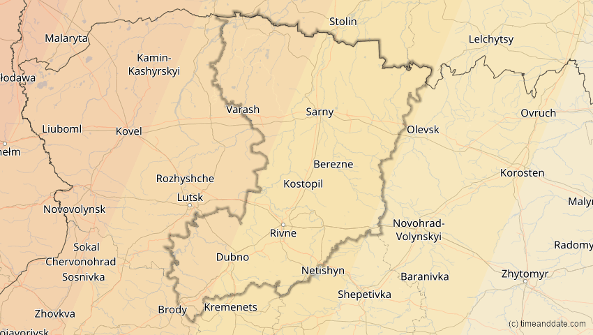 A map of Riwne, Ukraine, showing the path of the 13. Sep 2080 Partielle Sonnenfinsternis