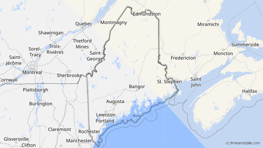 A map of Maine, USA, showing the path of the 13. Sep 2080 Partielle Sonnenfinsternis