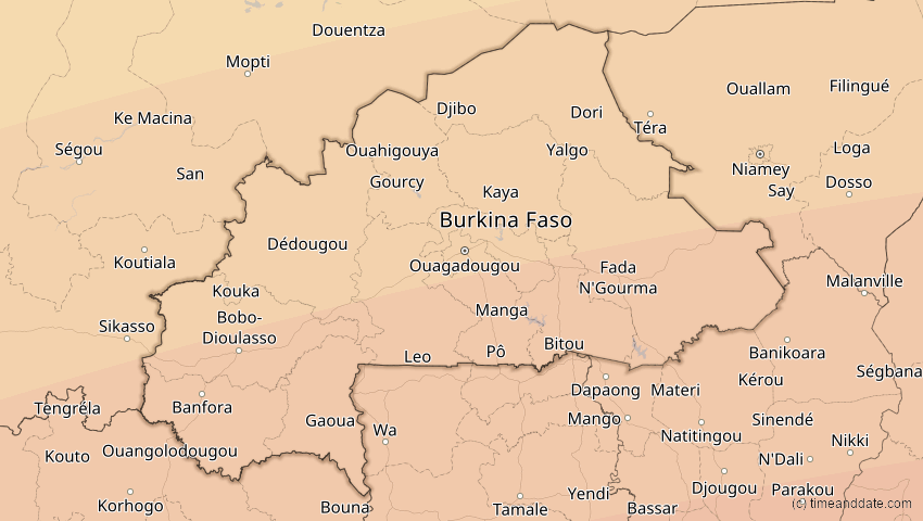 A map of Burkina Faso, showing the path of the 10. Mär 2081 Ringförmige Sonnenfinsternis
