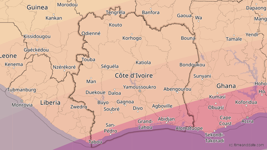 A map of Elfenbeinküste (Côte d'Ivoire), showing the path of the 10. Mär 2081 Ringförmige Sonnenfinsternis