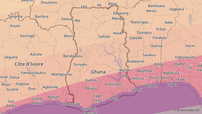 A map of Ghana, showing the path of the 10. Mär 2081 Ringförmige Sonnenfinsternis