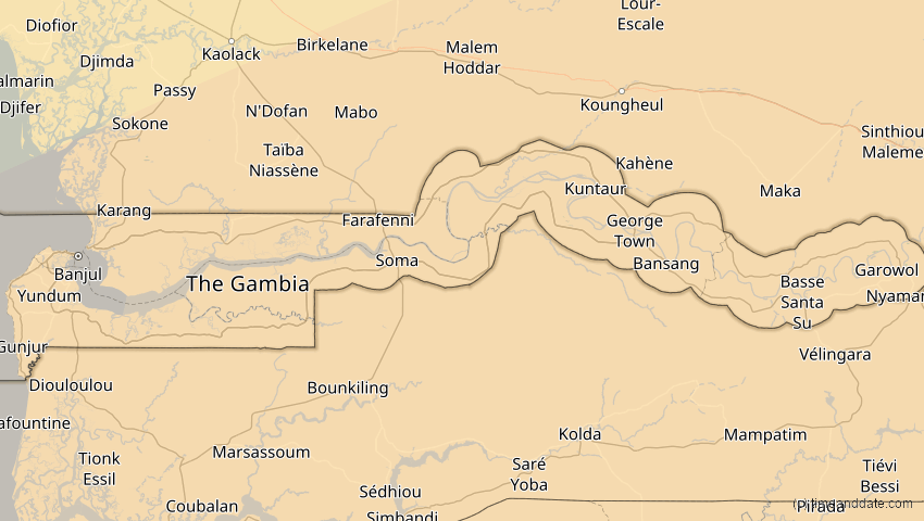 A map of Gambia, showing the path of the 10. Mär 2081 Ringförmige Sonnenfinsternis