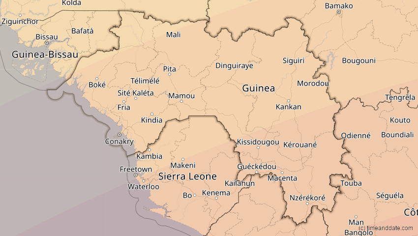 A map of Guinea, showing the path of the 10. Mär 2081 Ringförmige Sonnenfinsternis