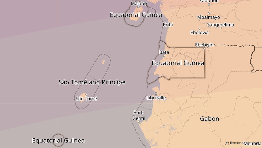 A map of Äquatorialguinea, showing the path of the 10. Mär 2081 Ringförmige Sonnenfinsternis