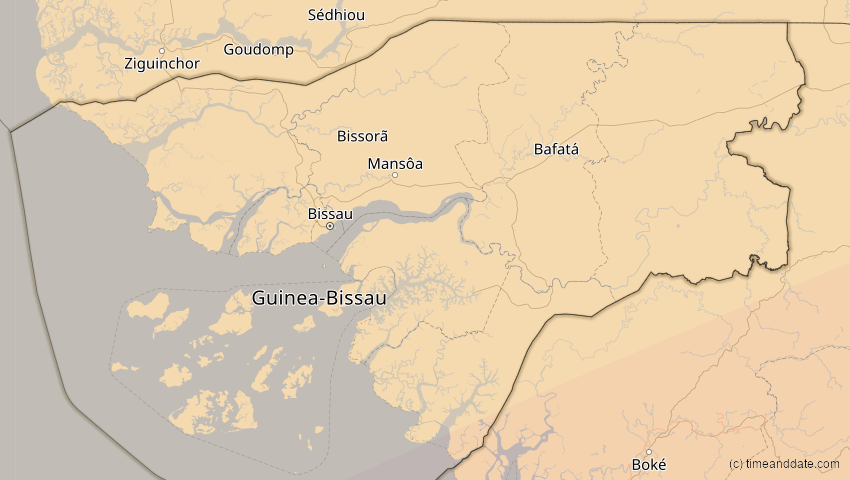 A map of Guinea-Bissau, showing the path of the 10. Mär 2081 Ringförmige Sonnenfinsternis