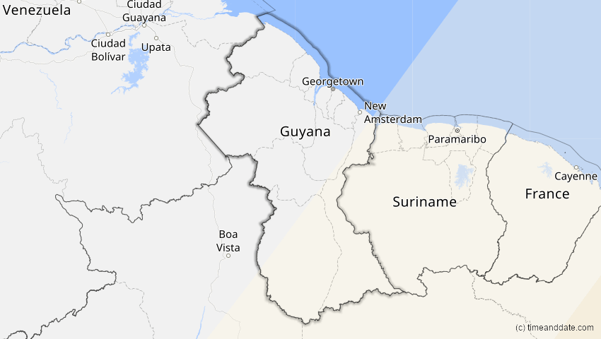 A map of Guyana, showing the path of the 10. Mär 2081 Ringförmige Sonnenfinsternis