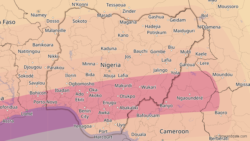 A map of Nigeria, showing the path of the 10. Mär 2081 Ringförmige Sonnenfinsternis