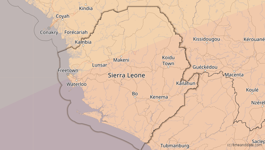 A map of Sierra Leone, showing the path of the 10. Mär 2081 Ringförmige Sonnenfinsternis