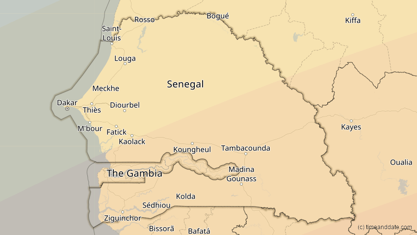 A map of Senegal, showing the path of the 10. Mär 2081 Ringförmige Sonnenfinsternis