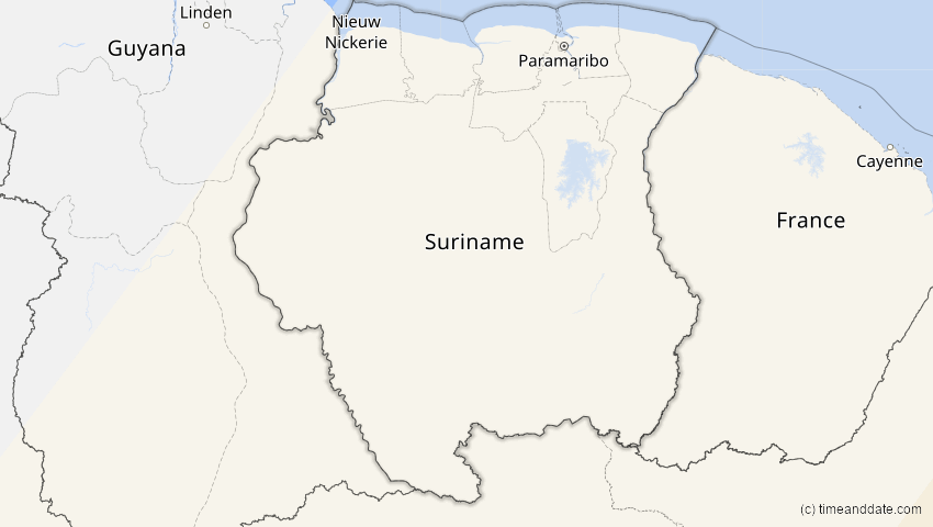 A map of Suriname, showing the path of the 10. Mär 2081 Ringförmige Sonnenfinsternis