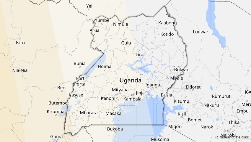 A map of Uganda, showing the path of the 10. Mär 2081 Ringförmige Sonnenfinsternis