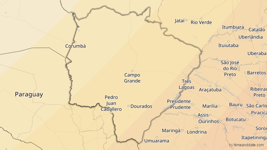 A map of Mato Grosso do Sul, Brasilien, showing the path of the 10. Mär 2081 Ringförmige Sonnenfinsternis