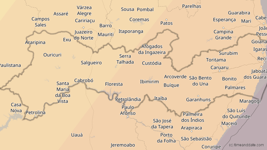 A map of Pernambuco, Brasilien, showing the path of the 10. Mär 2081 Ringförmige Sonnenfinsternis