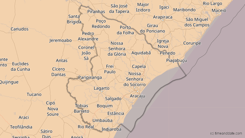 A map of Sergipe, Brasilien, showing the path of the 10. Mär 2081 Ringförmige Sonnenfinsternis