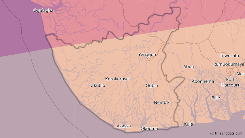 A map of Bayelsa, Nigeria, showing the path of the 10. Mär 2081 Ringförmige Sonnenfinsternis