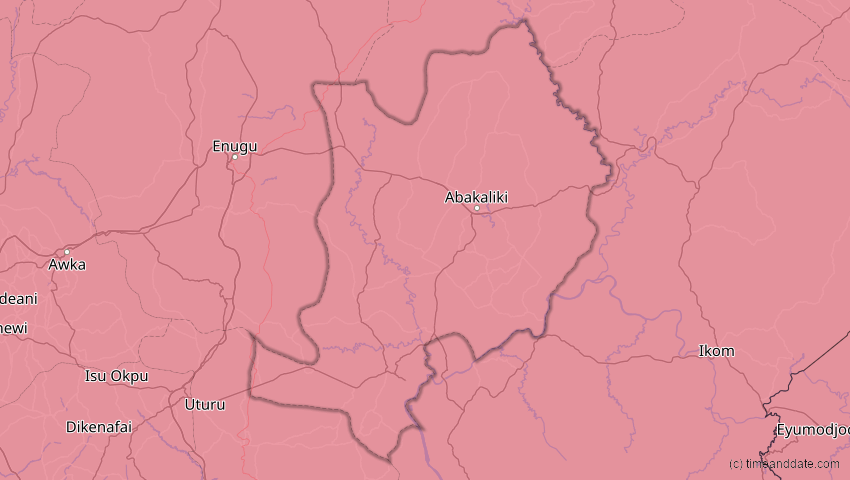 A map of Ebonyi, Nigeria, showing the path of the 10. Mär 2081 Ringförmige Sonnenfinsternis