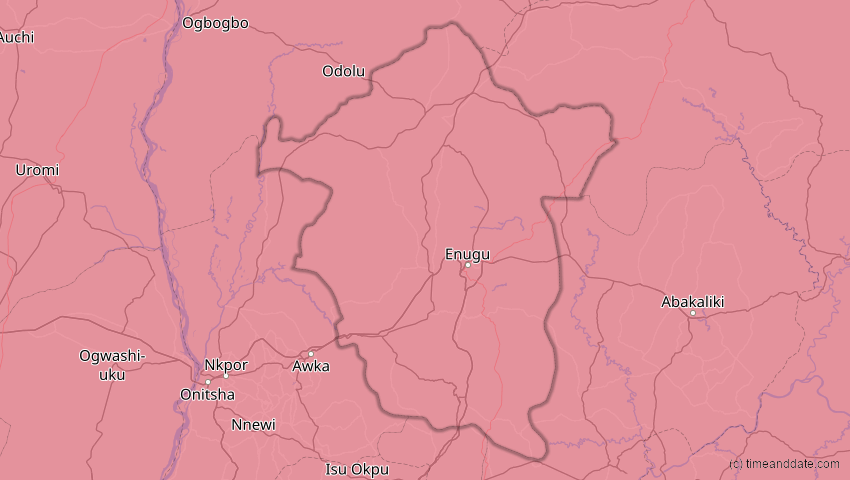 A map of Enugu, Nigeria, showing the path of the 10. Mär 2081 Ringförmige Sonnenfinsternis