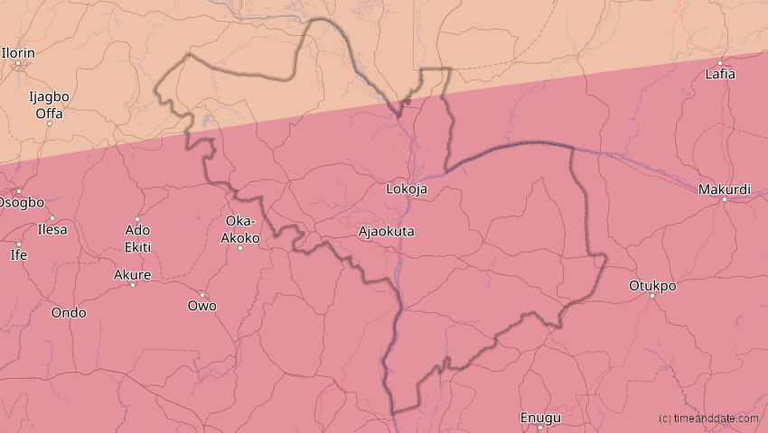 A map of Kogi , Nigeria, showing the path of the 10. Mär 2081 Ringförmige Sonnenfinsternis