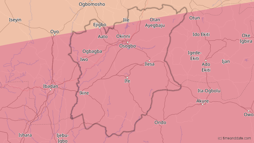 A map of Osun, Nigeria, showing the path of the 10. Mär 2081 Ringförmige Sonnenfinsternis