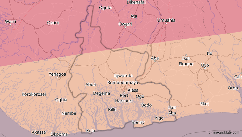 A map of Rivers, Nigeria, showing the path of the 10. Mär 2081 Ringförmige Sonnenfinsternis