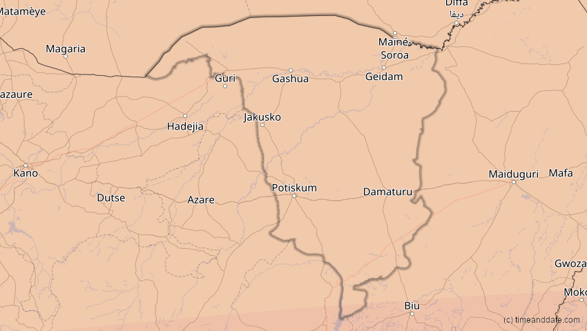 A map of Yobe, Nigeria, showing the path of the 10. Mär 2081 Ringförmige Sonnenfinsternis