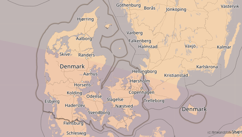A map of Dänemark, showing the path of the 3. Sep 2081 Totale Sonnenfinsternis
