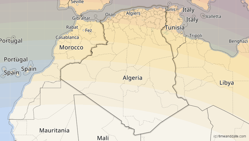 A map of Algerien, showing the path of the 3. Sep 2081 Totale Sonnenfinsternis