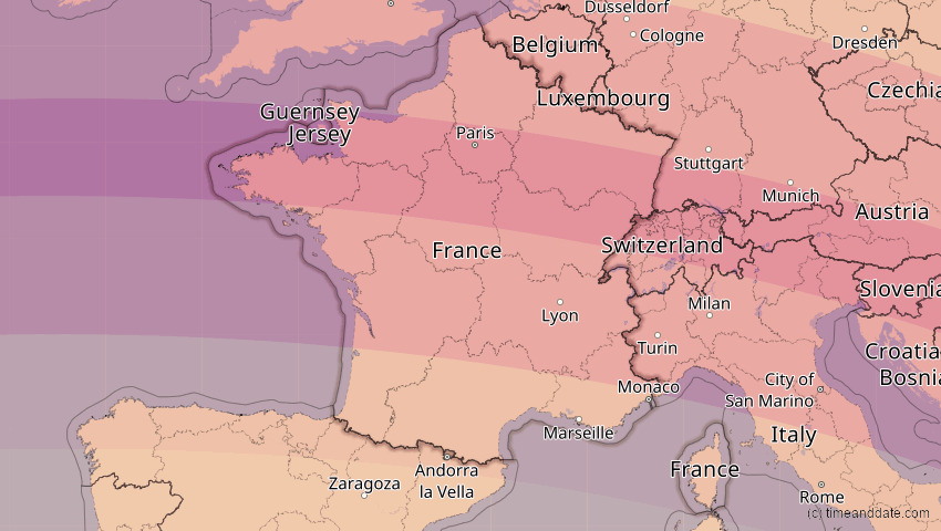 A map of Frankreich, showing the path of the 3. Sep 2081 Totale Sonnenfinsternis