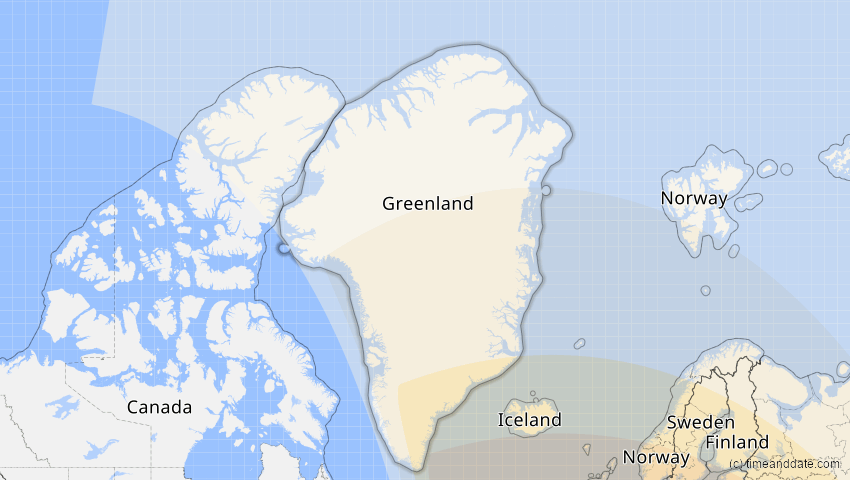 A map of Grönland, showing the path of the 3. Sep 2081 Totale Sonnenfinsternis