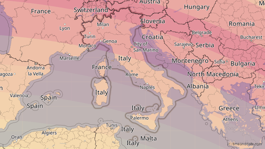 A map of Italien, showing the path of the 3. Sep 2081 Totale Sonnenfinsternis