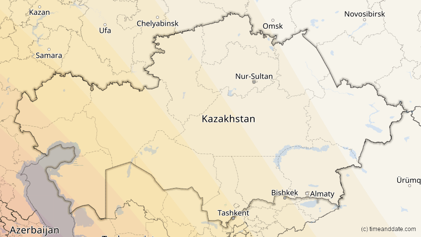 A map of Kasachstan, showing the path of the 3. Sep 2081 Totale Sonnenfinsternis